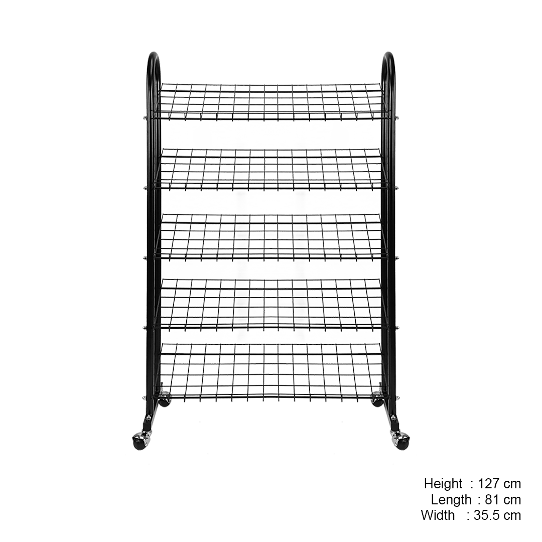 Shoe Rack Stand, Metal, 5 Grid Tiers with Wheels