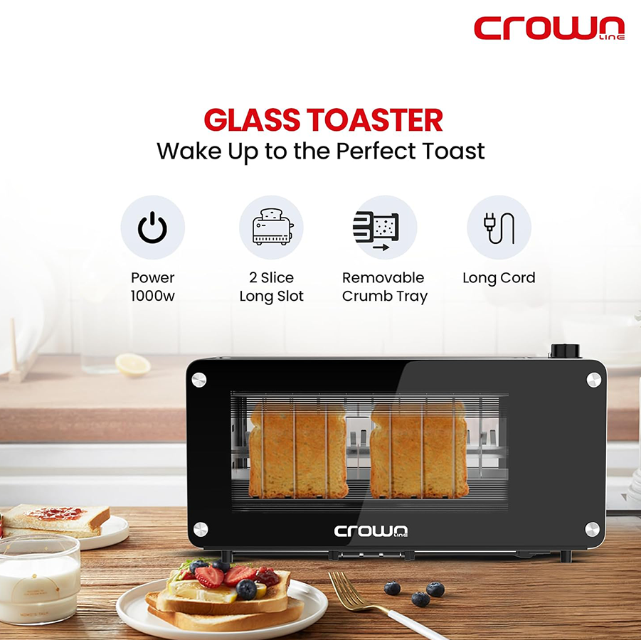 Crownline Long Slot 2 Slice Glass Toaster TR-274