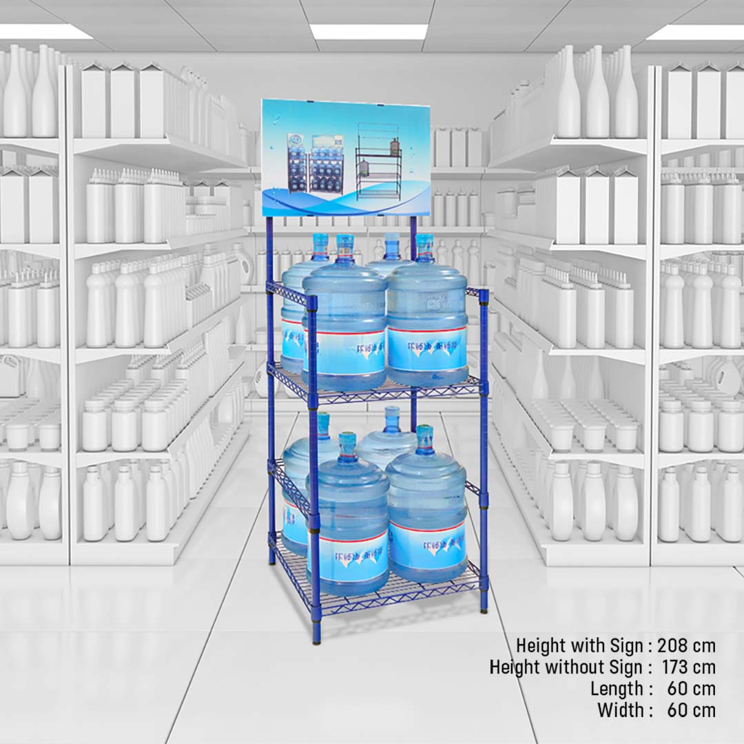 Shelving Rack for Water Bottles, 3 Tiers with Sign Holder, Metal, Blue