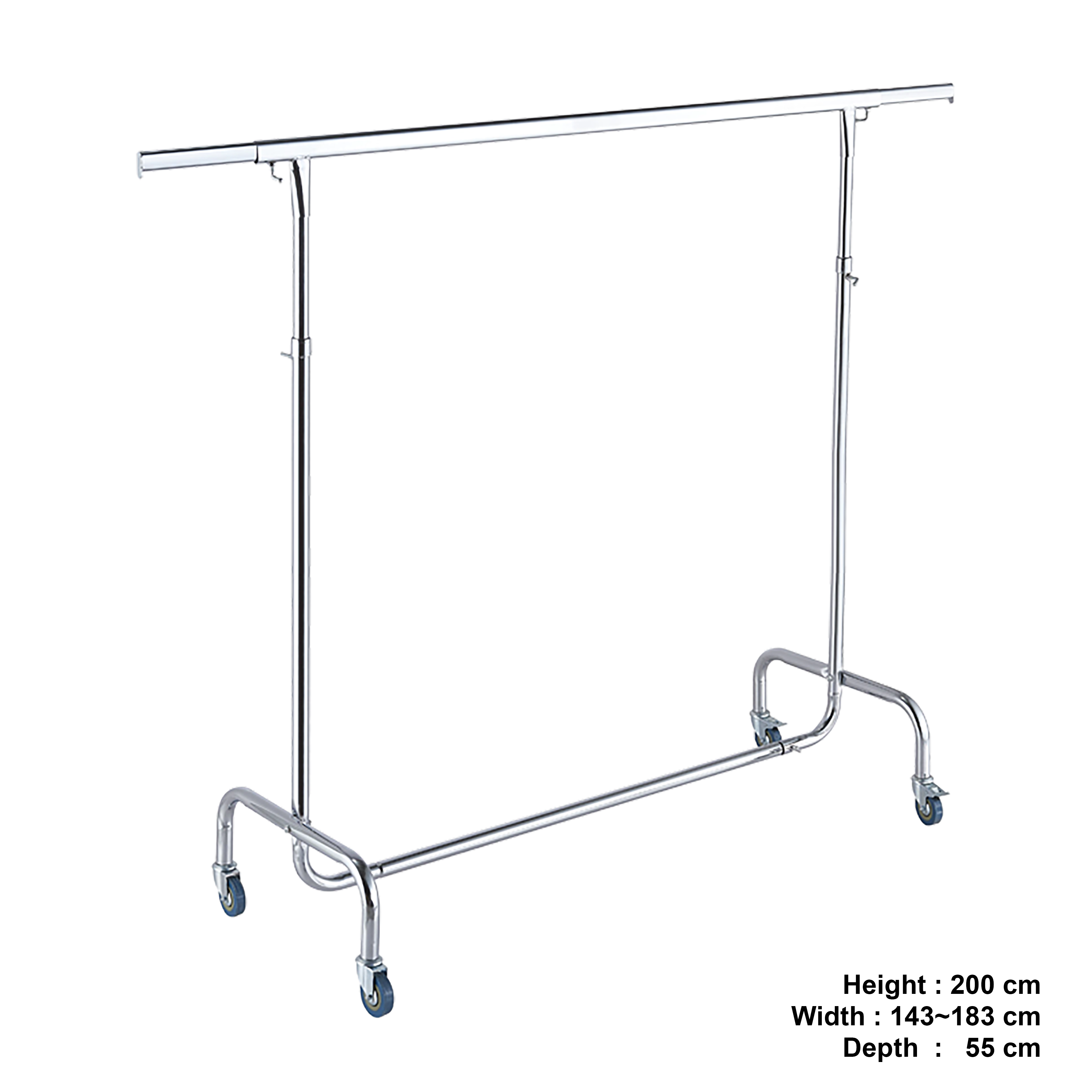 Garment Clothes Rack Stand, Adjustable, Single Bar, Full Chrome, with Wheels