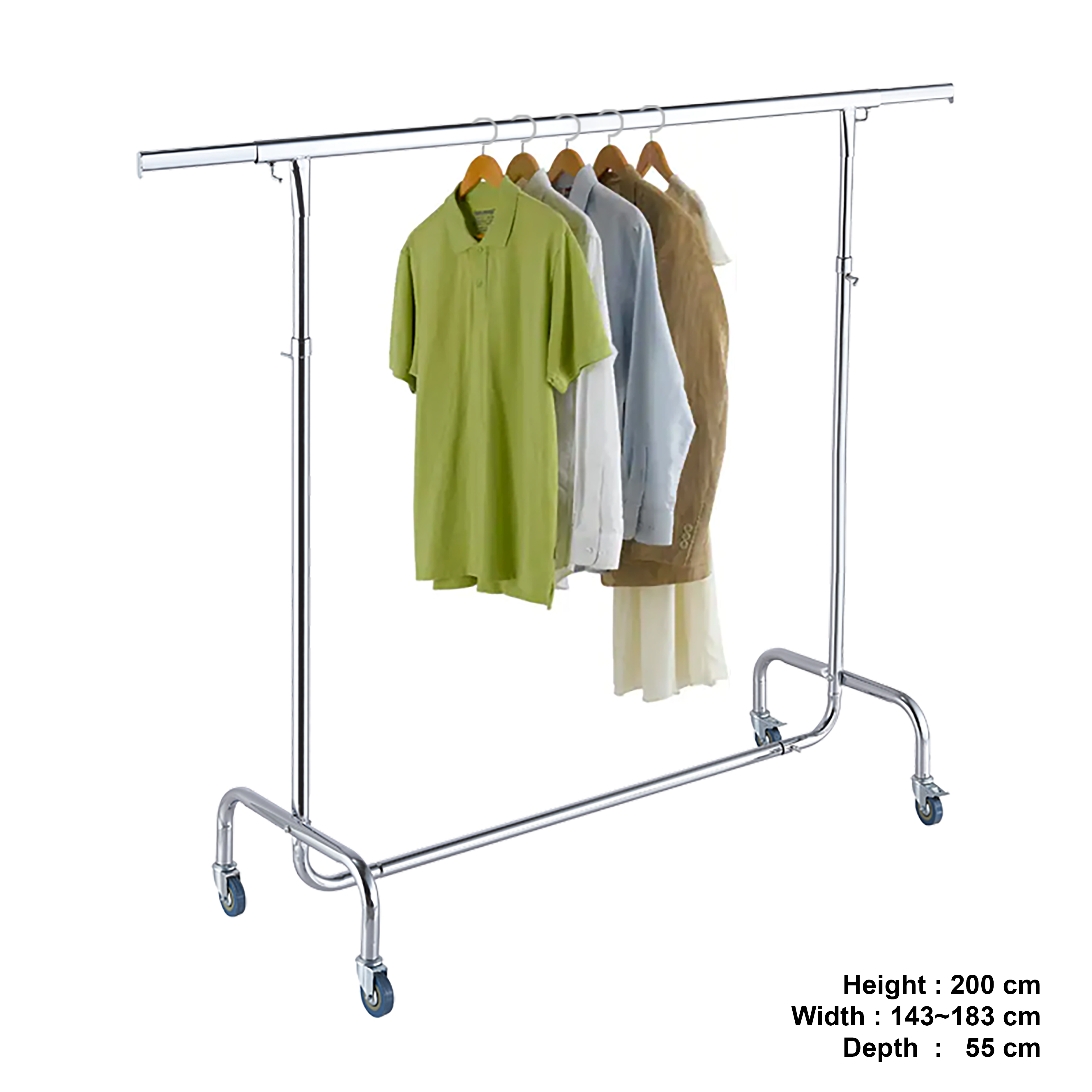 Garment Clothes Rack Stand, Adjustable, Single Bar, Full Chrome, with Wheels