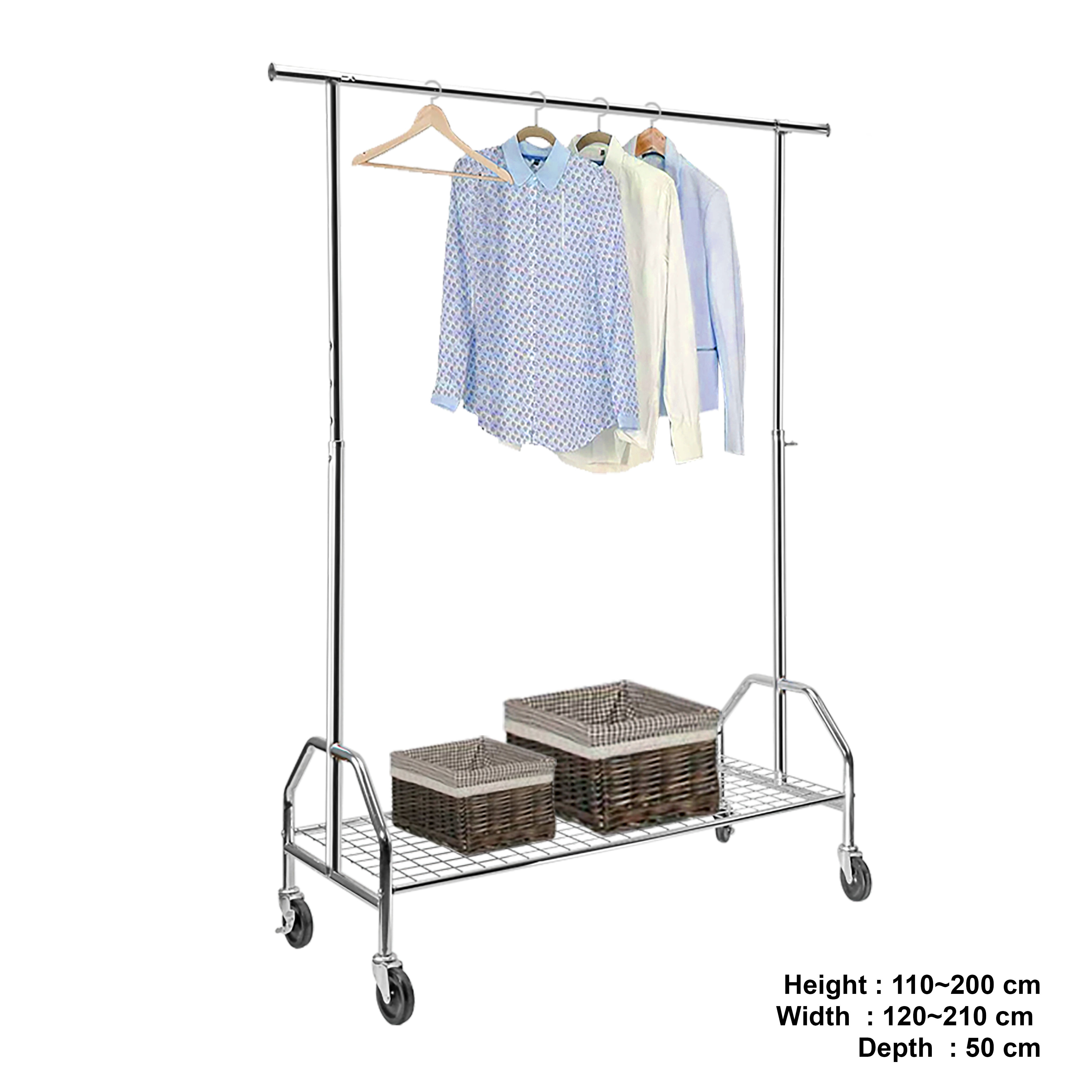 Garment Clothes Rack Stand, Adjustable, Full Chrom, Wheels & Bottom Grid Shelf