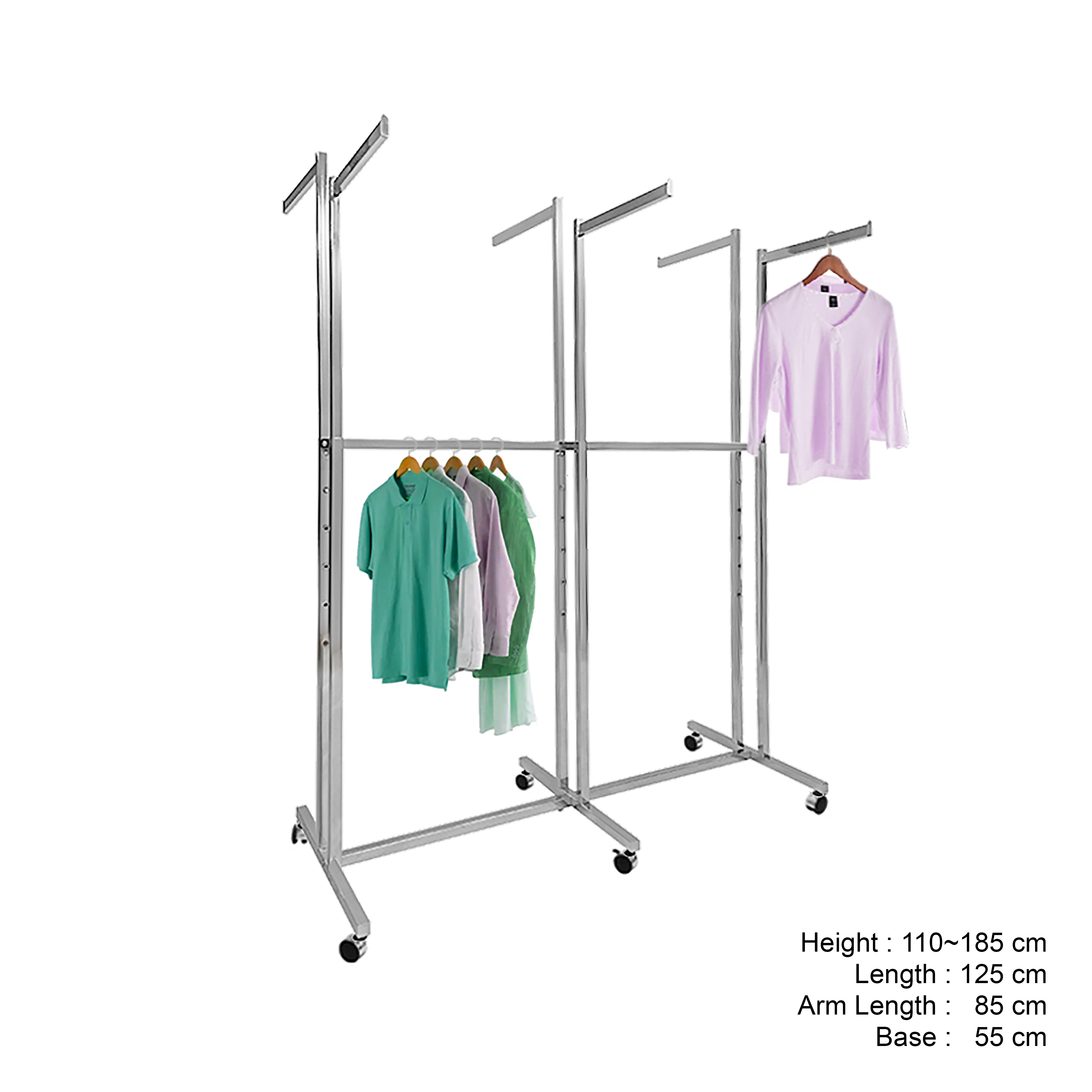 Clothes Garment Stand, 6 Way, Chrome, Adjustable Arm Height, with Wheels