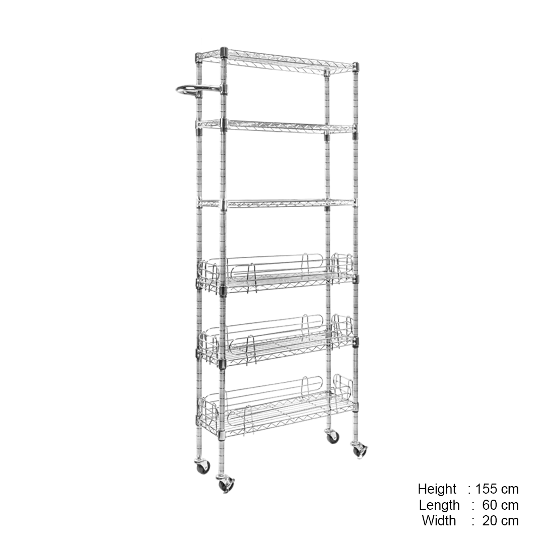 Wire Shelving Rack, 6-Tier, with Wheels, Carbon Steel, Chrome Finish