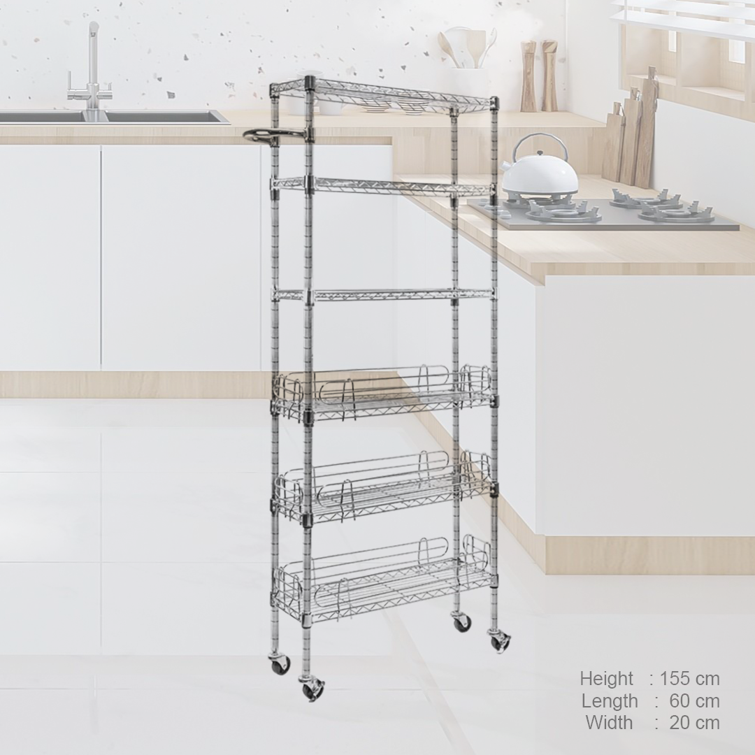 Wire Shelving Rack, 6-Tier, with Wheels, Carbon Steel, Chrome Finish