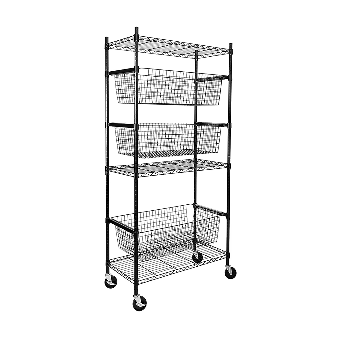 Wire Shelving Rack, 6-Tier with Wheels, Metal, Black Epoxy Coated