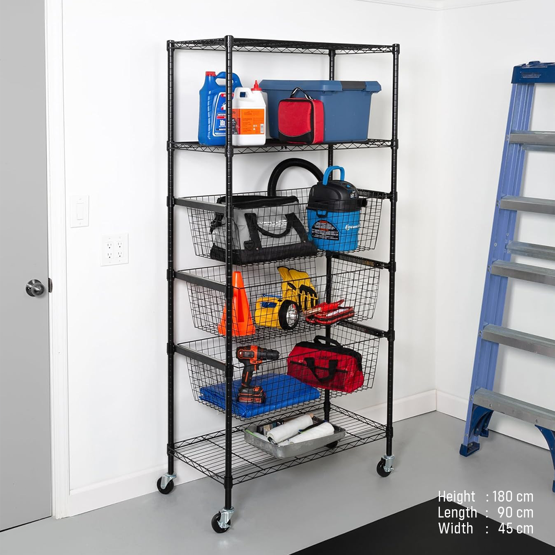 Wire Shelving Rack, 6-Tier with Wheels, Metal, Black Epoxy Coated