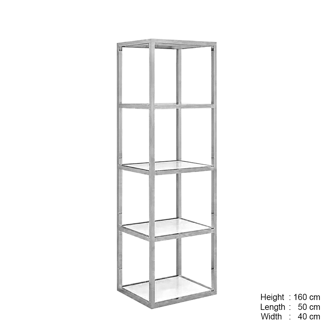 Freestanding Metal Display, Stainless Steel, 5 White MDF Tiers