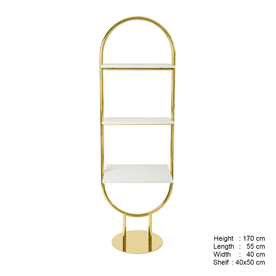 Freestanding Gold Metal Display, 3 White Wooden Tiers