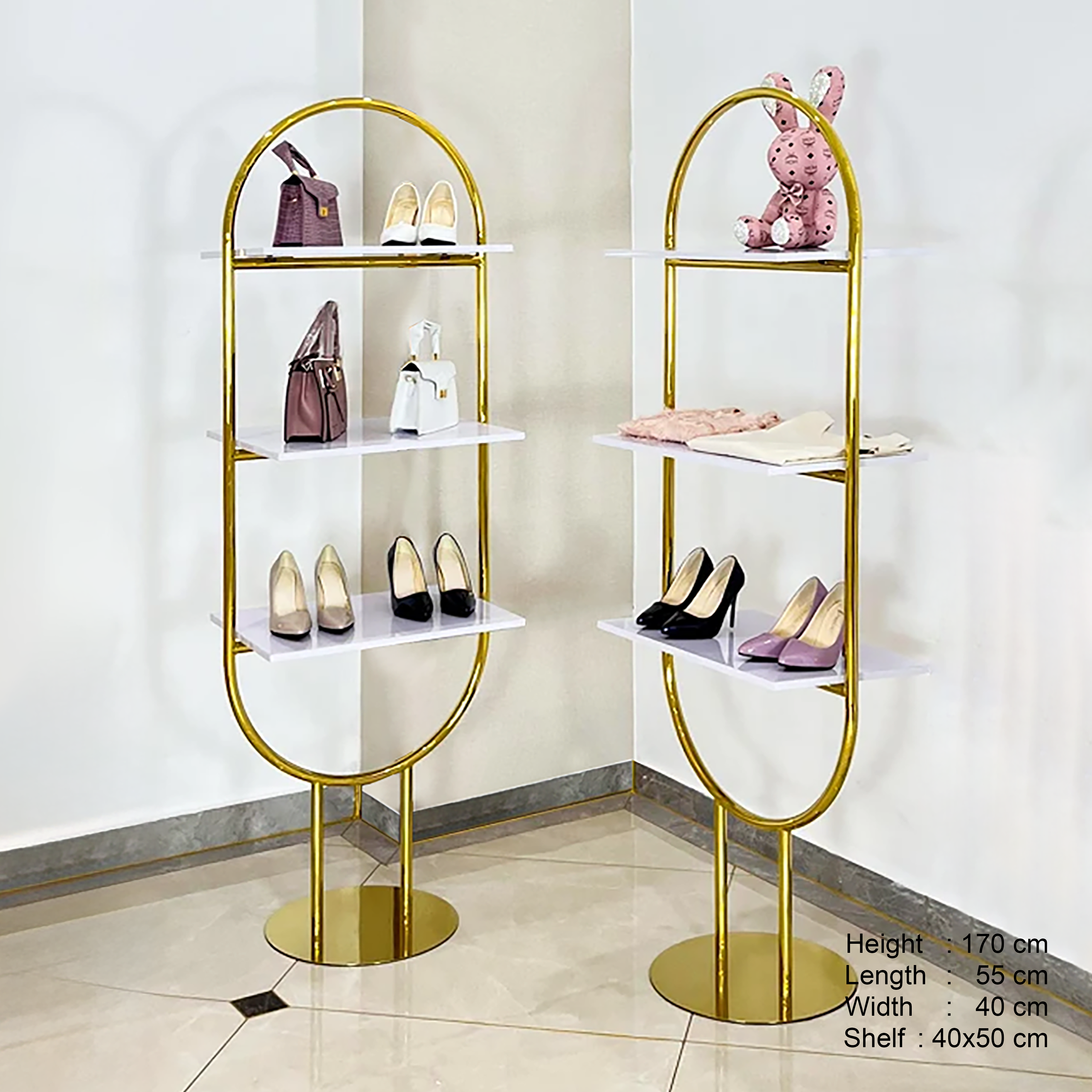 Freestanding Gold Metal Display, 3 White Wooden Tiers