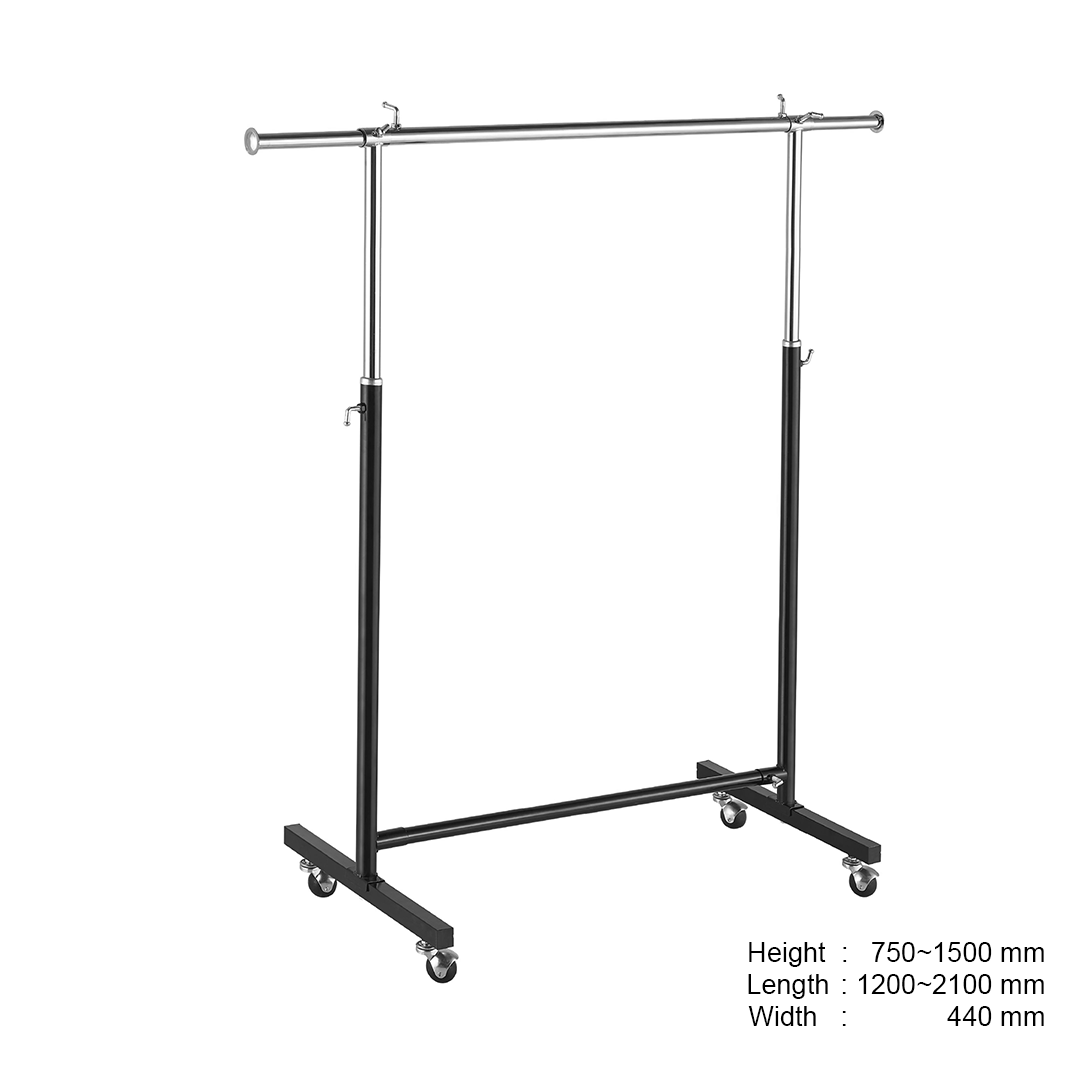Garment Clothes Rack Stand, Adjustable, Chrome + Black, with Wheels
