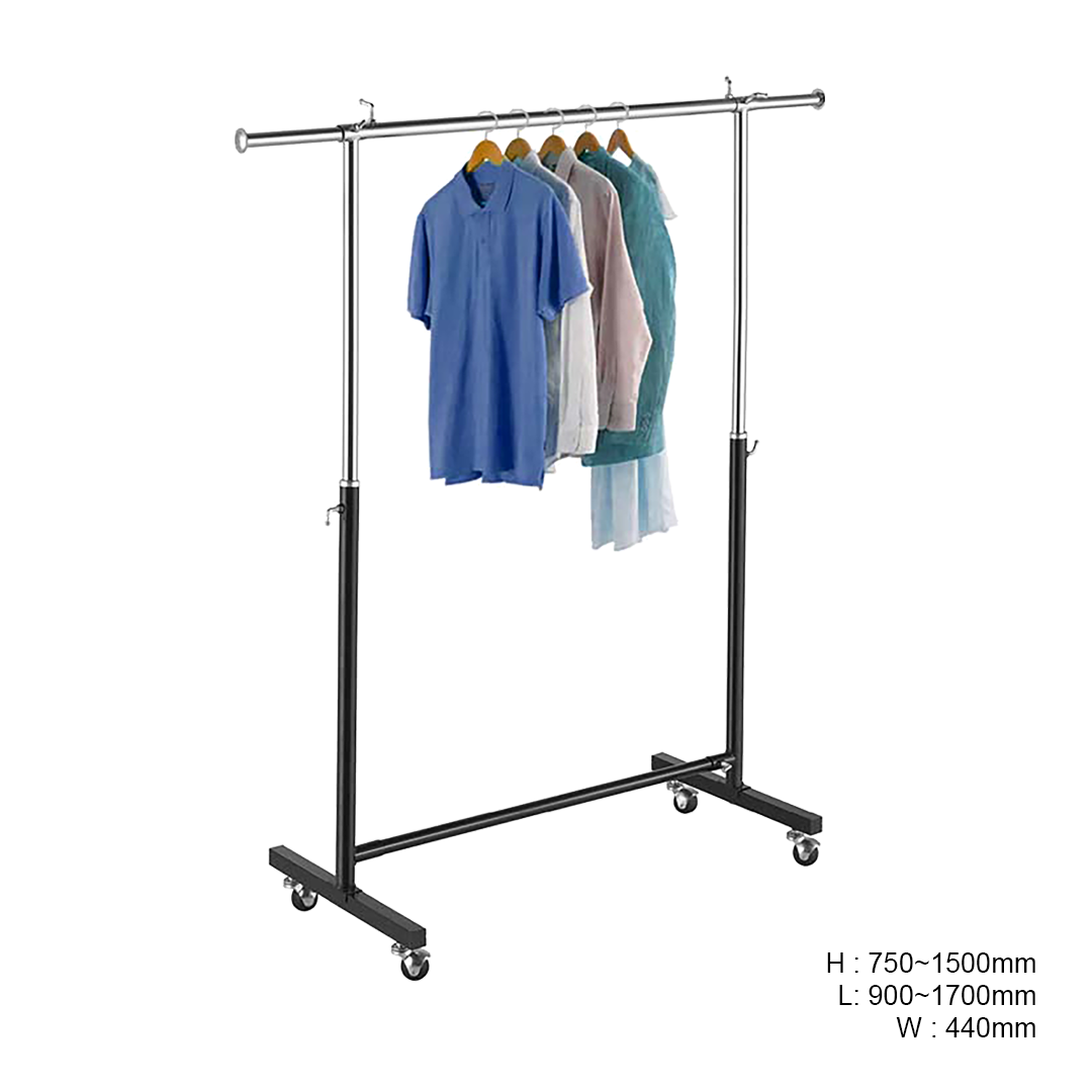 Garment Clothes Rack Stand, Adjustable, Chrome + Black, with Wheels