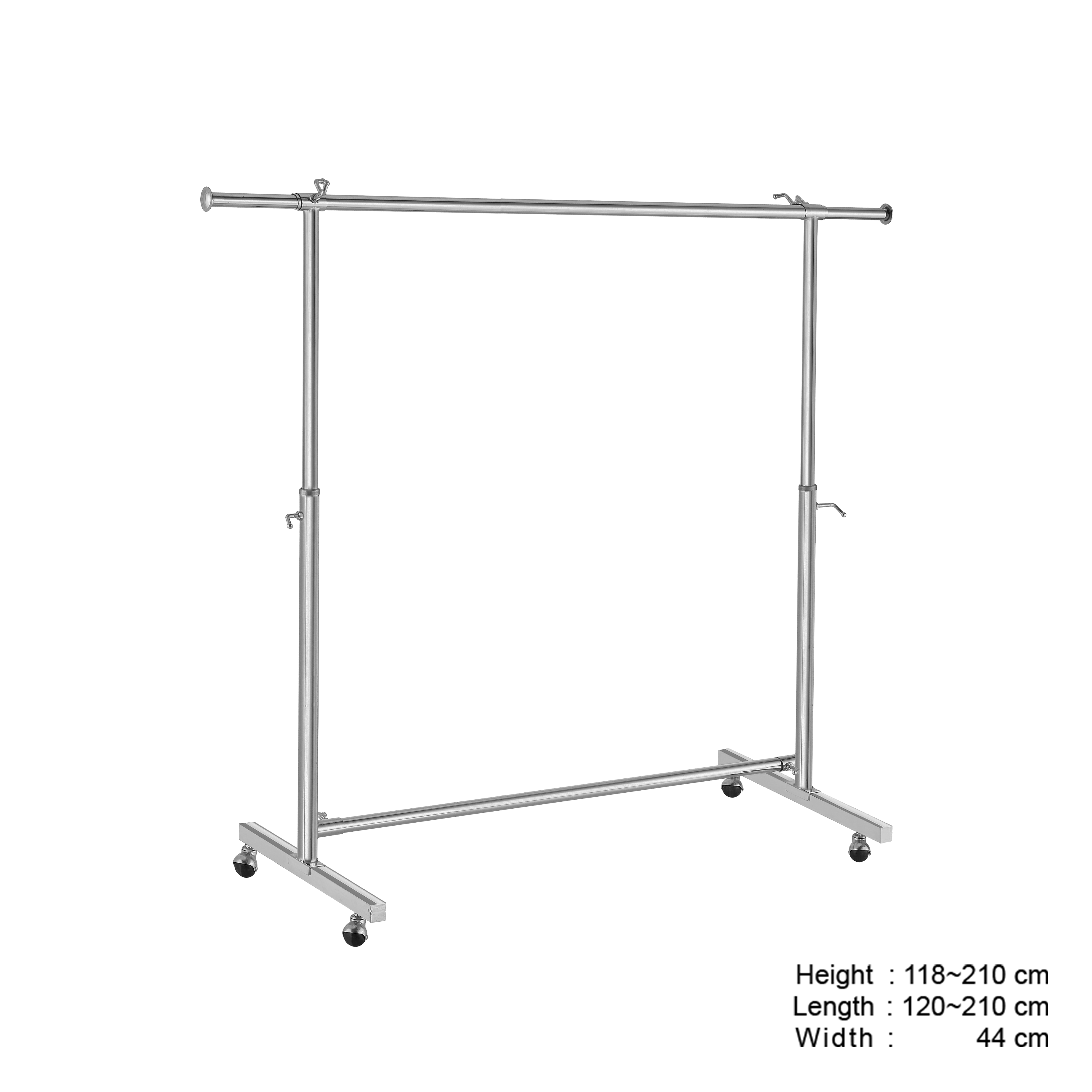 Clothes Rack Stand, Single Rail, Adjustable, Full Chrome, with Wheels