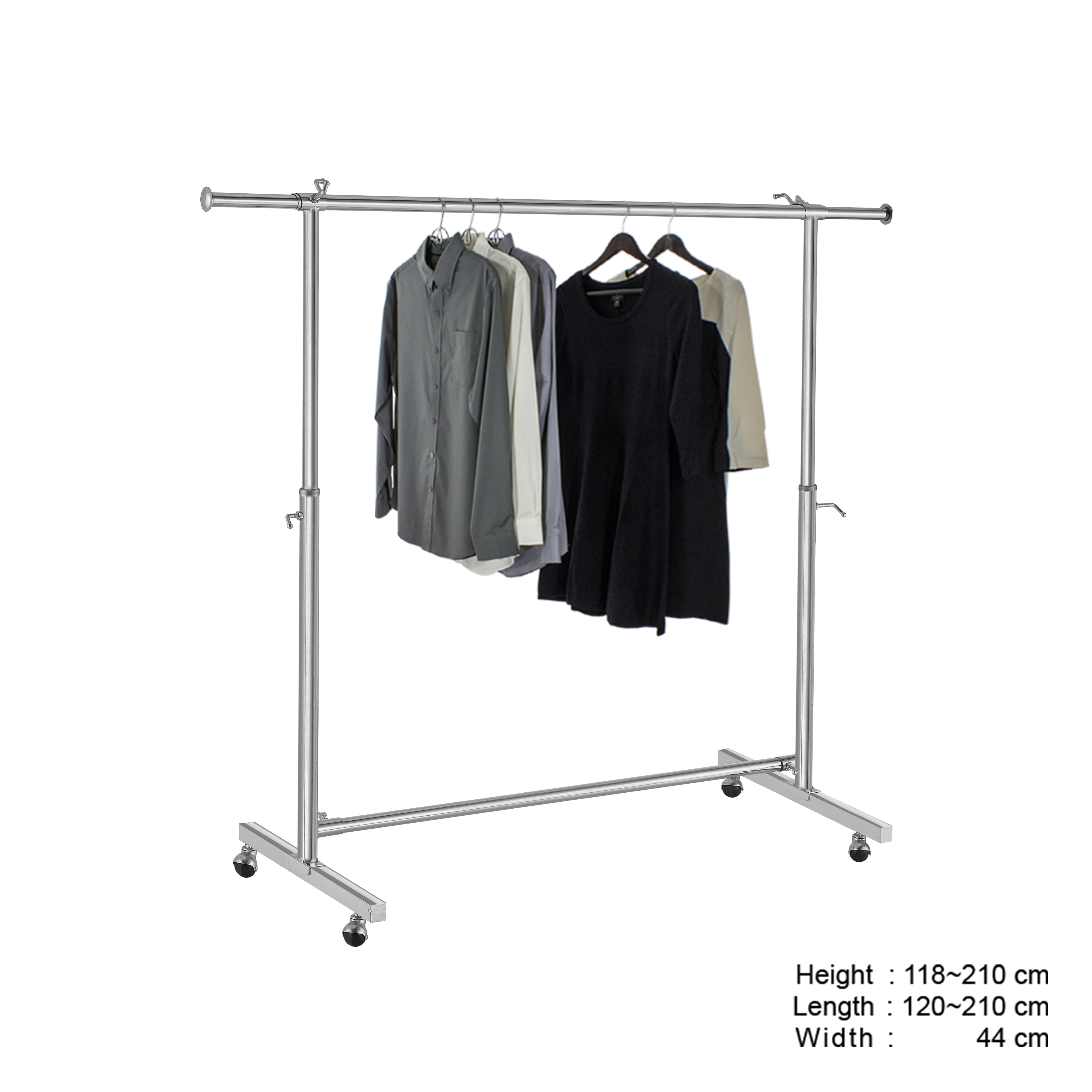 Clothes Rack Stand, Single Rail, Adjustable, Full Chrome, with Wheels