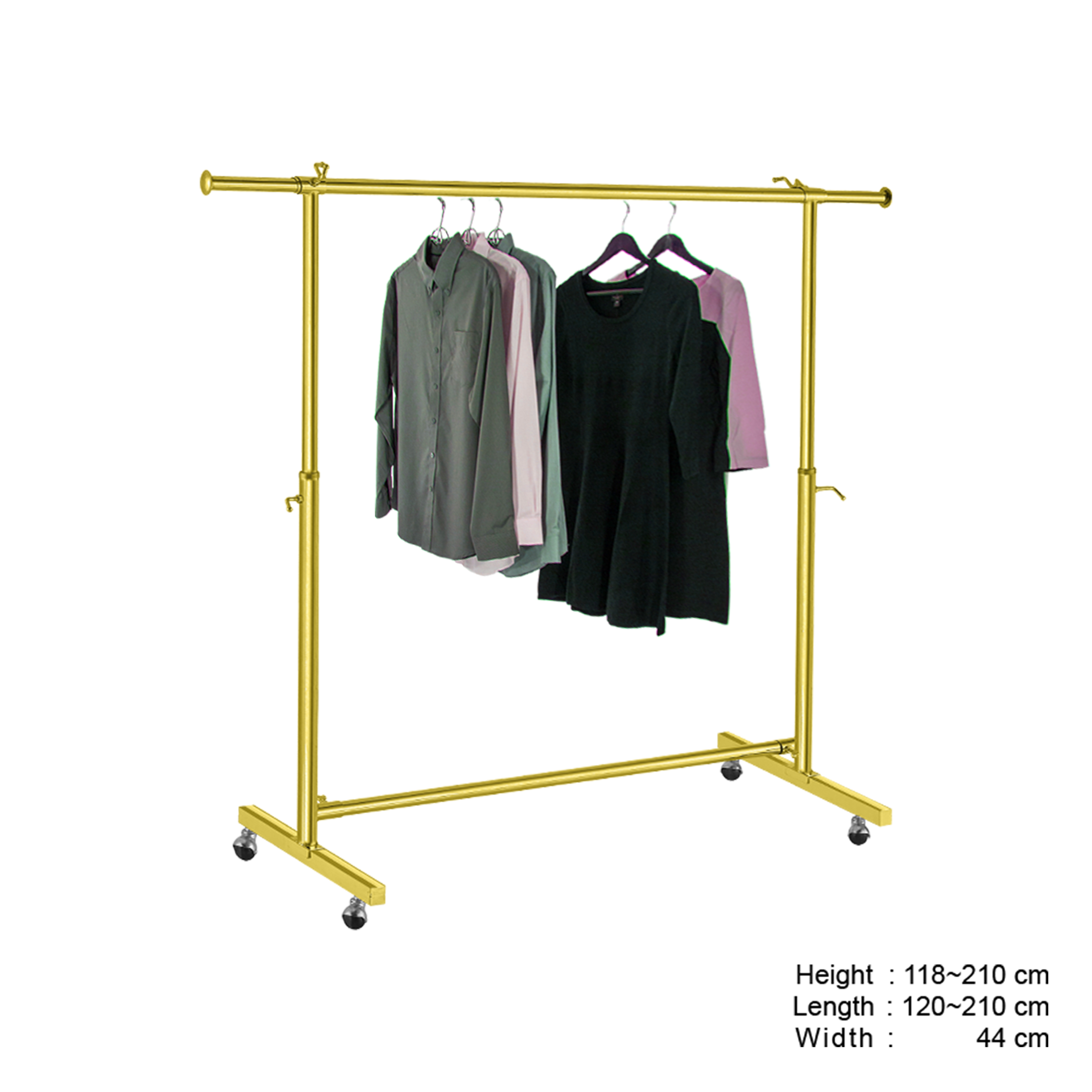 Clothes Rack Stand, Single Rail, Adjustable, Full Chrome, with Wheels