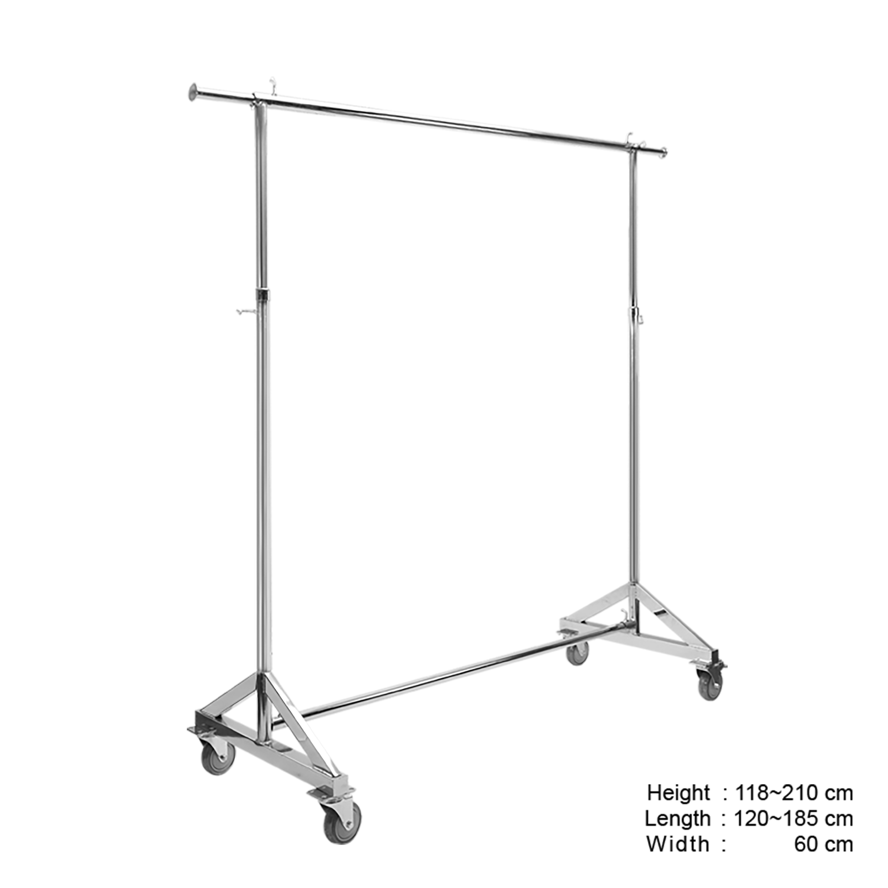 Clothes Rack Stand, Single Rail, Adjustable, Full Chrome, with Wheels