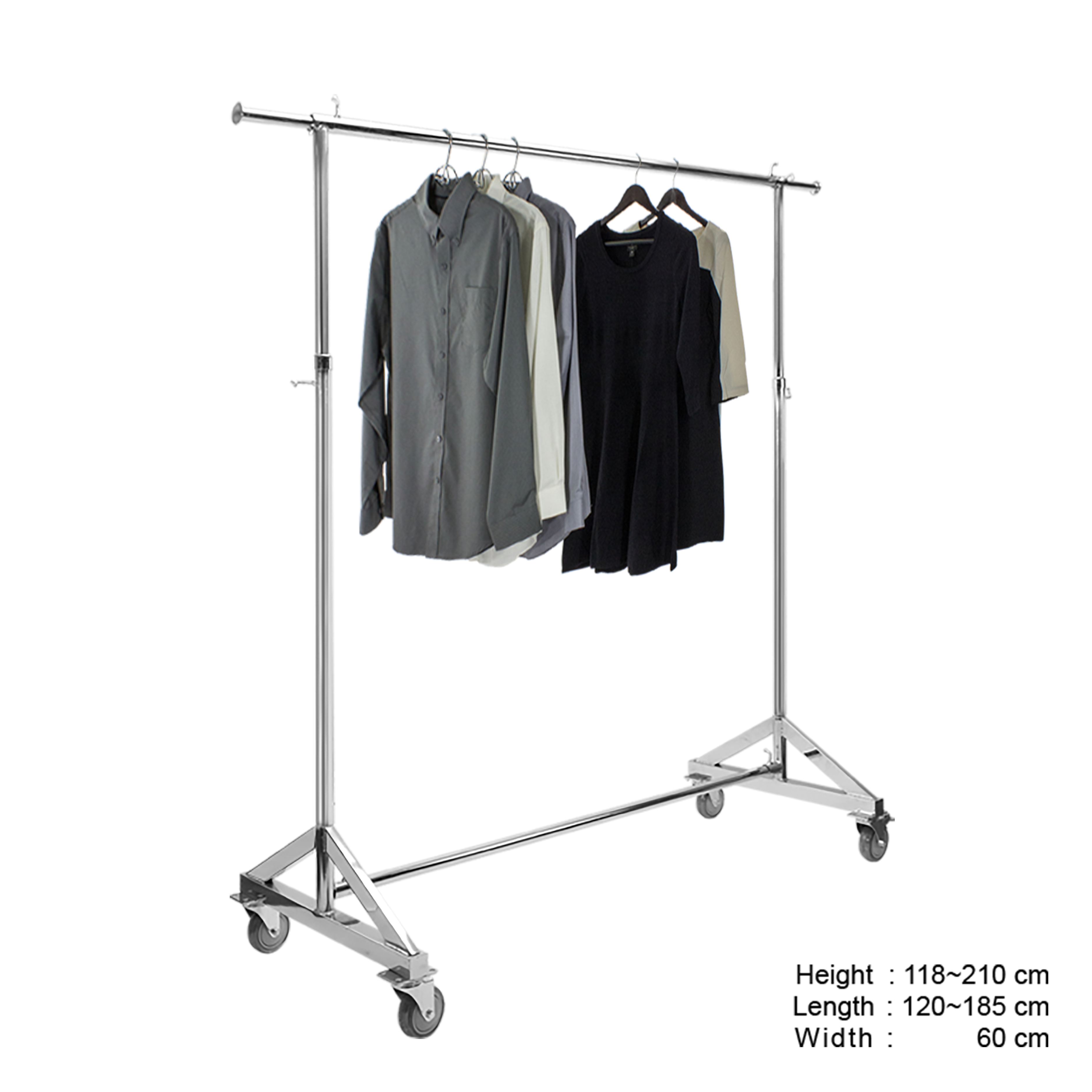 Clothes Rack Stand, Single Rail, Adjustable, Full Chrome, with Wheels