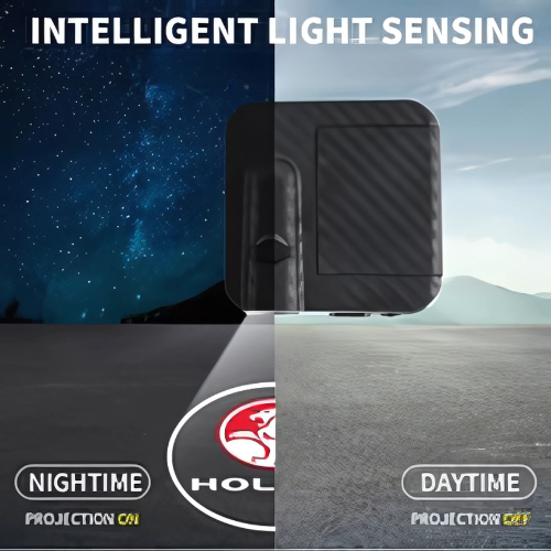 Light sensor with intelligent light sensing feature shown in nighttime and daytime projections.