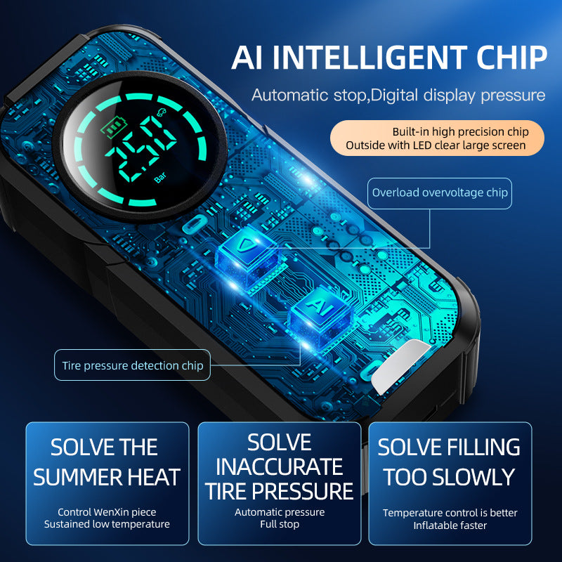 Tire pressure monitor with digital display and circuit board design on a blue background