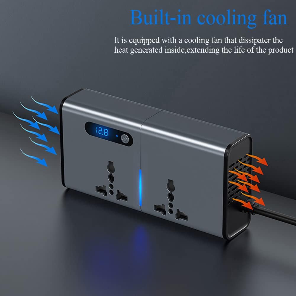 Power adapter with cooling fan on a dark background