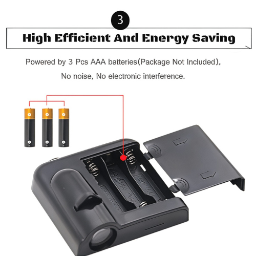 Battery charger with AAA batteries and text highlighting energy efficiency and noiselessness.