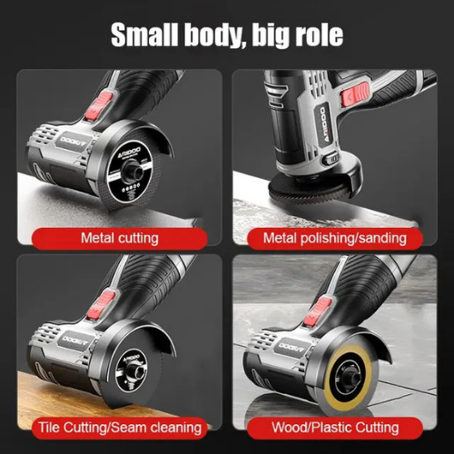 Tool with different attachments for metal cutting, polishing/sanding, tile cutting/seam cleaning, and wood/plastic cutting on a black background.