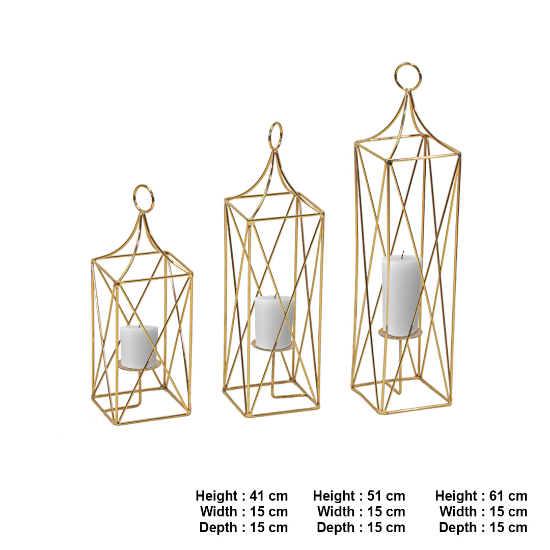Metal 3'Lü Set Dekoratif Mumluk Fener Gold