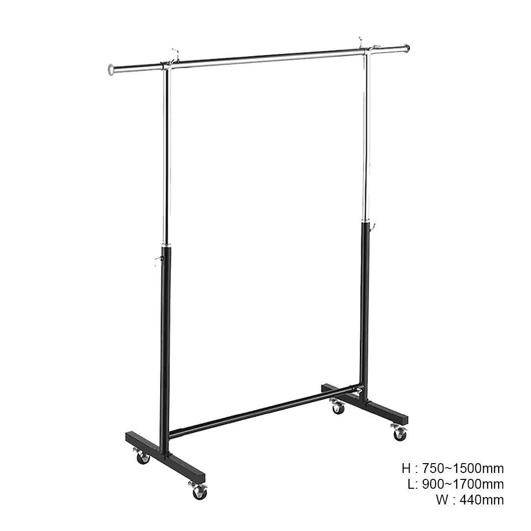Garment Clothes Rack Stand, Adjustable, Chrome + Black, with Wheels