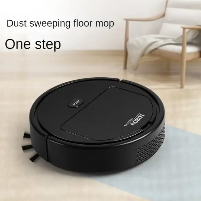 Robot vacuum cleaner on a floor with text indicating its cleaning functions