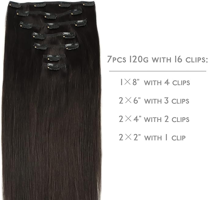 Human Hair Extensions, 16 Inch 120g 7pcs Dark