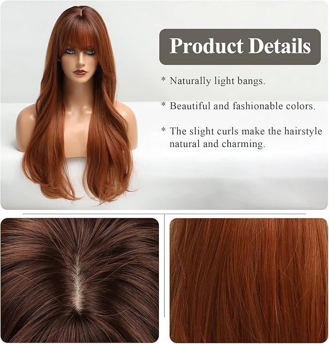 HAIRCUBE Long Auburn Wig with Bangs Layered Curly Orange Wigs