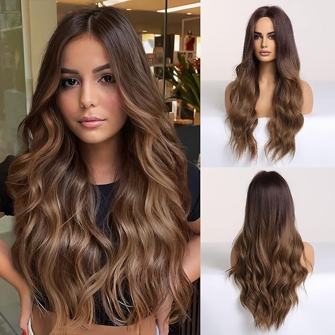 Brown Wig for Women, Long Wavy Ombre Wig