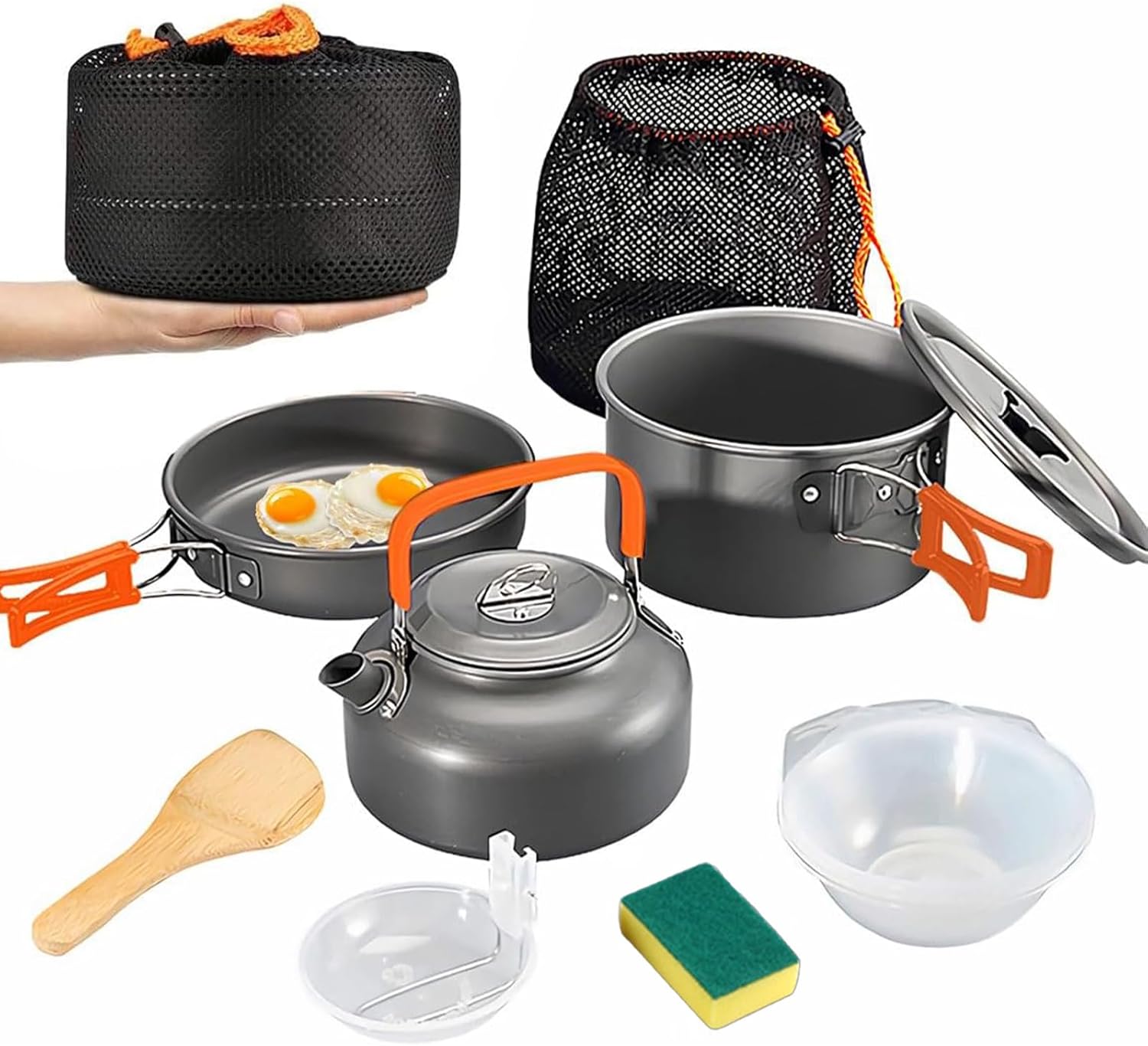 Camping Cookware Mess Kit 11 Pcs Easy to Carry Pot Pan Set Lightweight