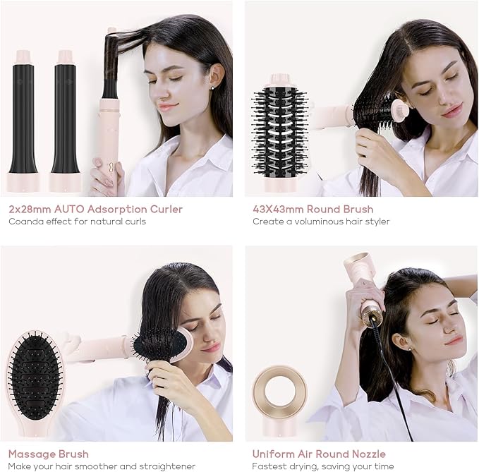 PARWIN PRO BEAUTY 5 in 1 Air Styler, Hair Dryer Brush, Million Ionic Hair Dryer with Hot Air Brush, Auto Hair Curler, Round Brush for Hair Styling, Drying, Volumizing, and Curling(Pink)