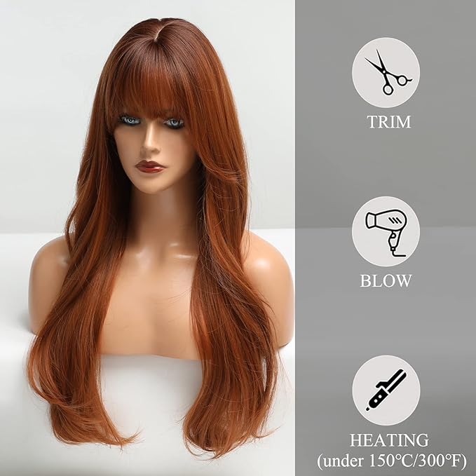 HAIRCUBE Long Auburn Wig with Bangs Layered Curly Orange Wigs