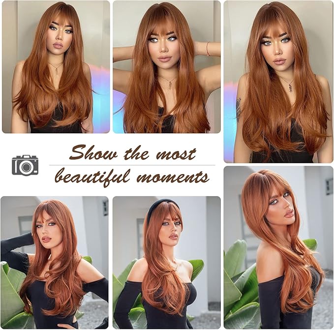 HAIRCUBE Long Auburn Wig with Bangs Layered Curly Orange Wigs